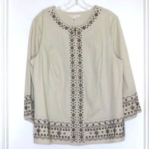 JM Collection Plus Tribal Inspired Light Tan Embroidered Beaded Zip Up Jacket 14